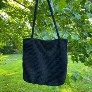 The Sak Black Woven/Knit/Crochet Tote Shoulder Bag w. Magnet Snap Clasp